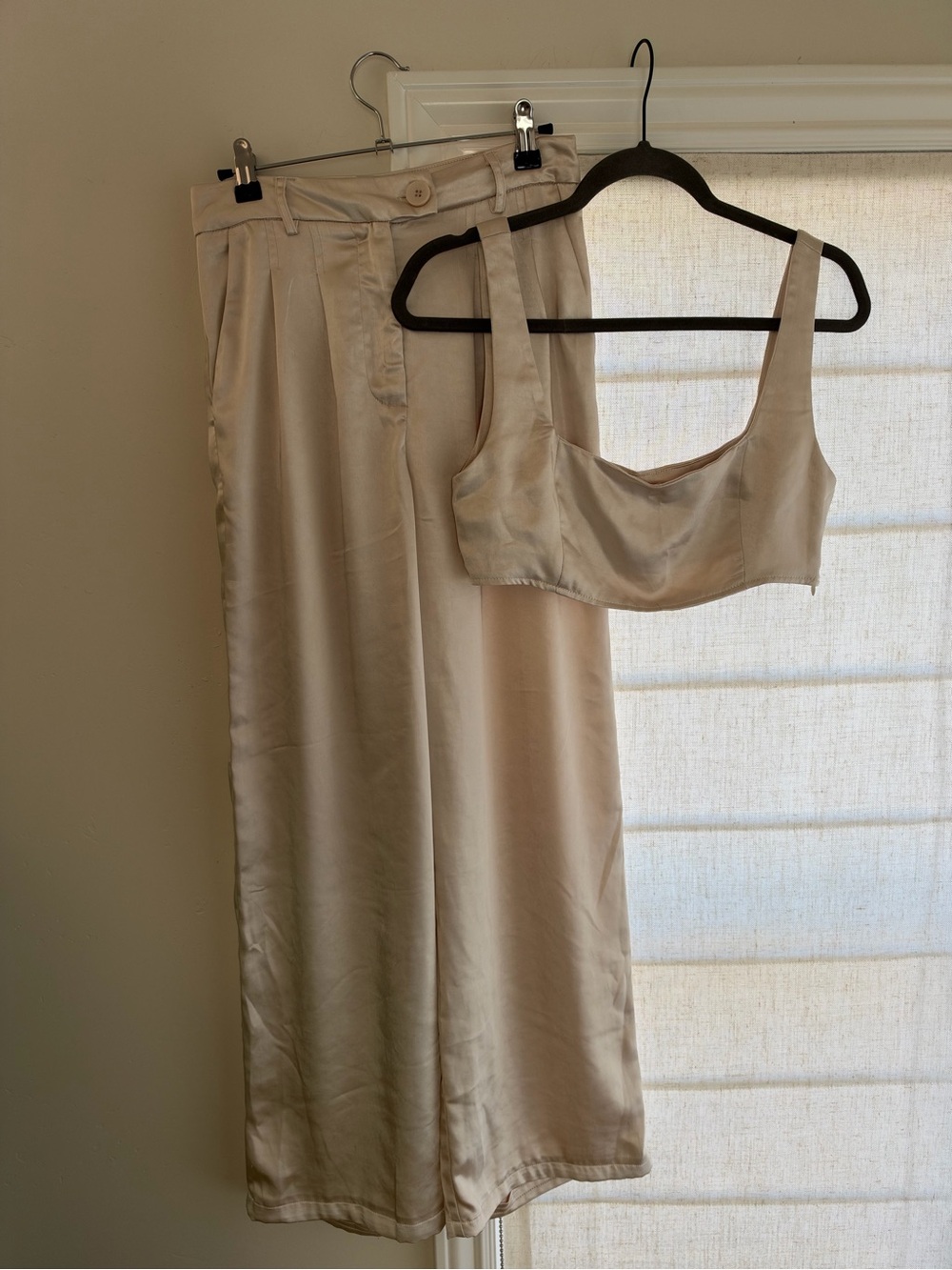 Princess Polly Satin Wide-Leg Pants & Crop Top Set - Cream